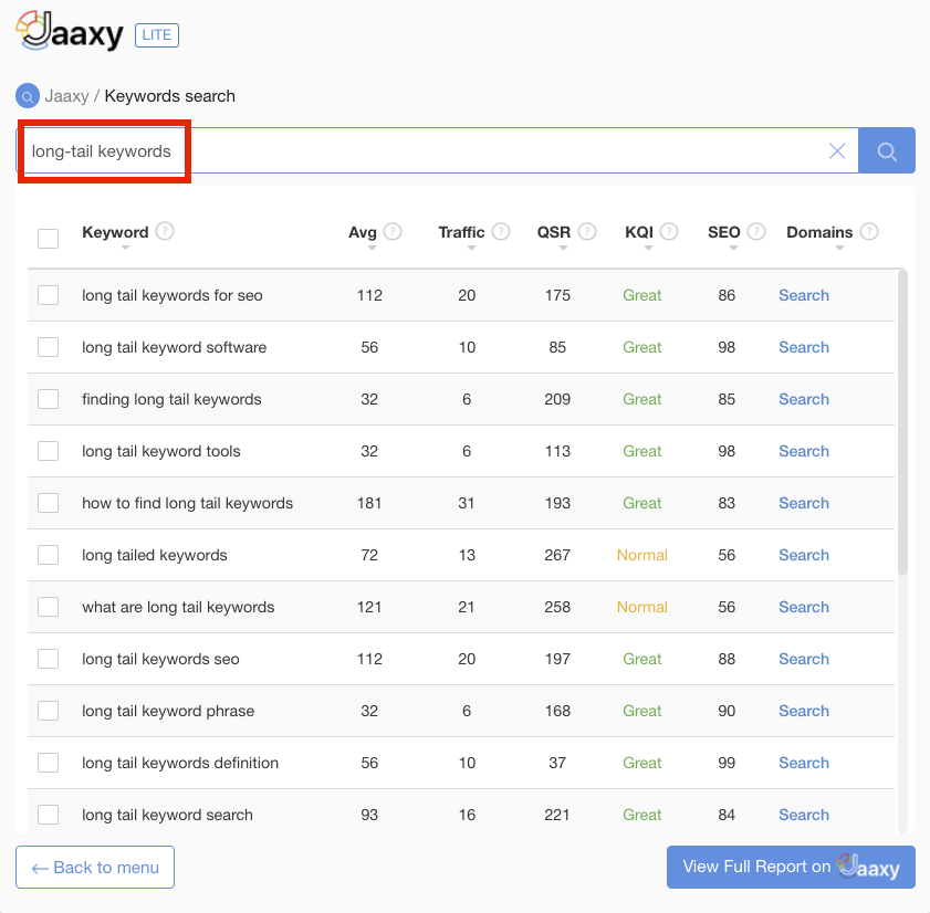 Jaaxy Long-tail keywords